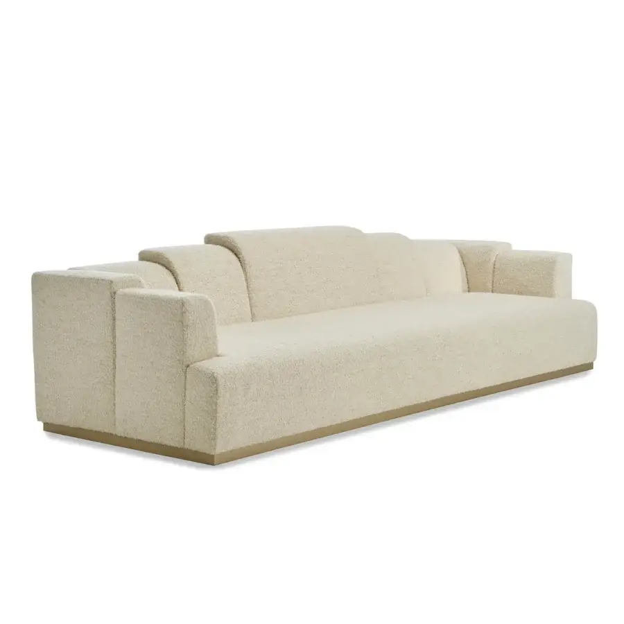 Distinguished Zanaboni Nouvelle Vague sofa in creamy off-white bouclé textile with Canaletto walnut-stained wood and polished gold accents