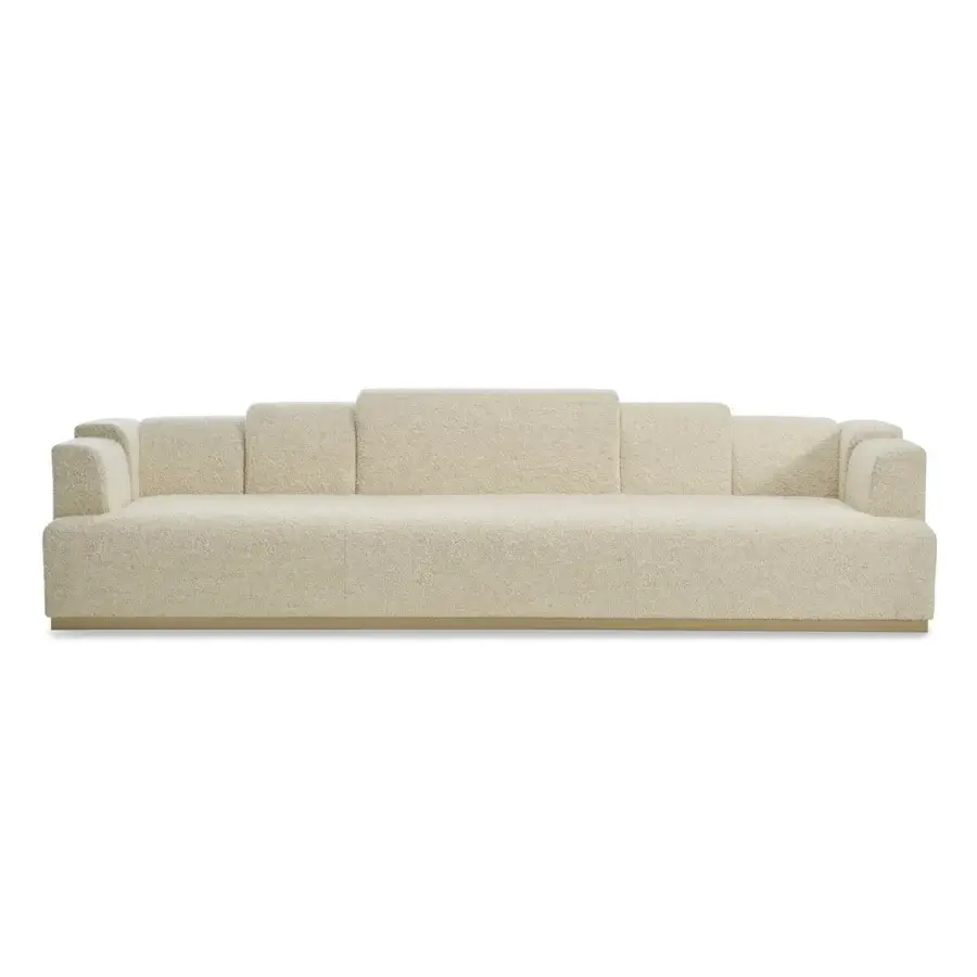 Elegant Zanaboni Nouvelle Vague sofa in creamy off-white bouclé textile with Canaletto walnut-stained wooden base