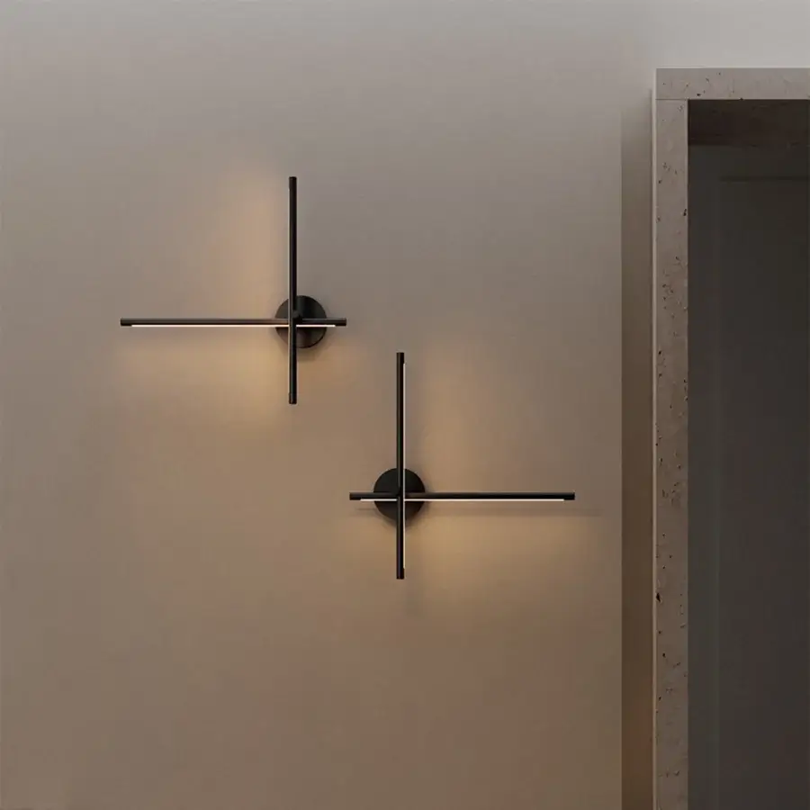 Superior VENICEM Kitami LED wall lamp built in metal with a matte black finish and intersecting bars emitting diffused light