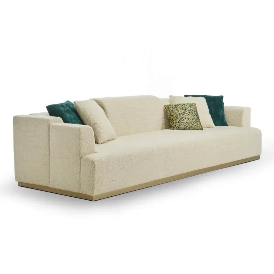 Distinguished Zanaboni Nouvelle Vague sofa with creamy bouclé textile, Canaletto walnut-stained wood and included dark teal patterned cushions