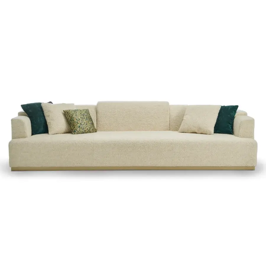 Exceptional Zanaboni Nouvelle Vague sofa with creamy textured bouclé textile and Canaletto walnut-stained wooden base