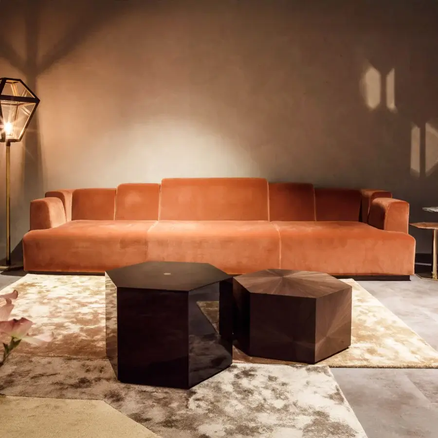 Captivating Zanaboni Nouvelle Vague sofa with reddish-brown textured textile and Canaletto walnut-stained wooden base
