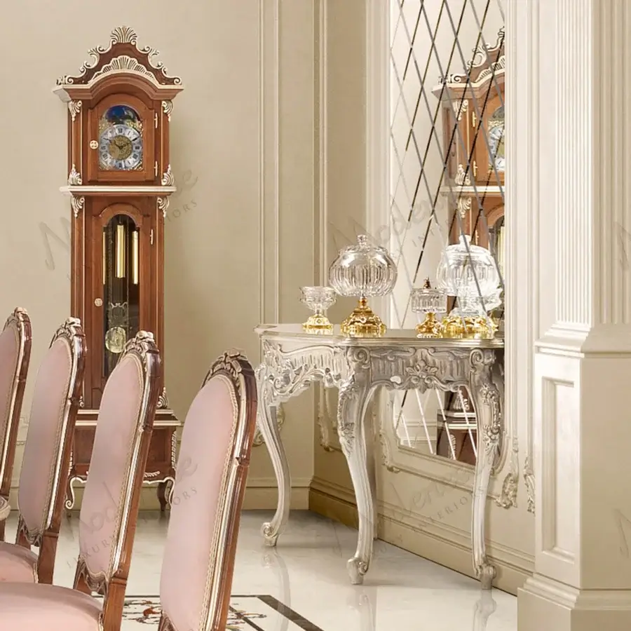 Lavish Modenese Noble Etiquette console crafted in Italy with full silver leaf and intricate floral motifs