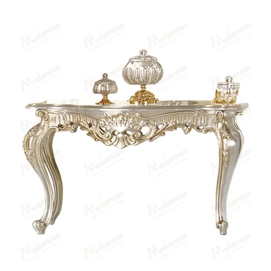 Exquisite Modenese Luxury Furniture Noble Etiquette console crafted in Italy with full silver leaf and gold flourishes