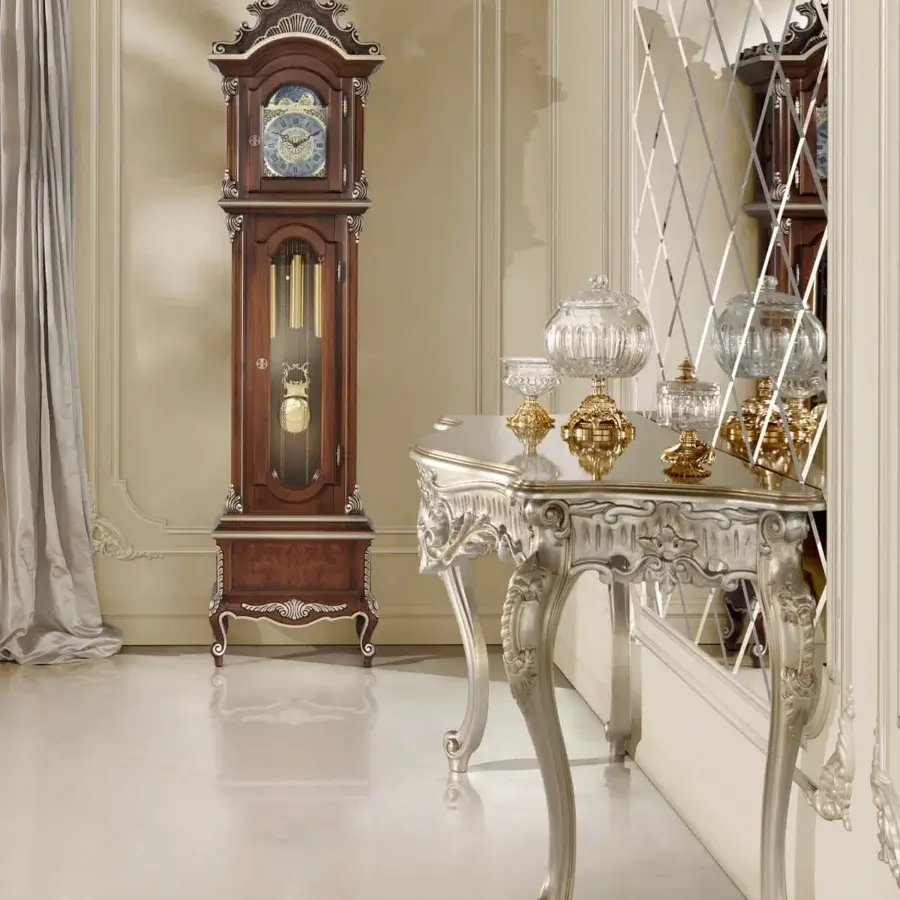 Distinguished Modenese Noble Etiquette console handcrafted in Italy with floral motifs and full silver leaf finish