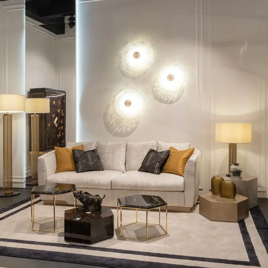 Exceptional Zanaboni Morgana sofa with light neutral tactile fabric upholstery and satin brass recessed base