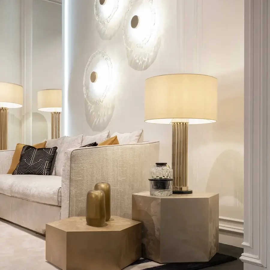 Distinguished Zanaboni Morgana sofa with enveloping silhouette and refined tactile beige fabric upholstery in satin brass finish
