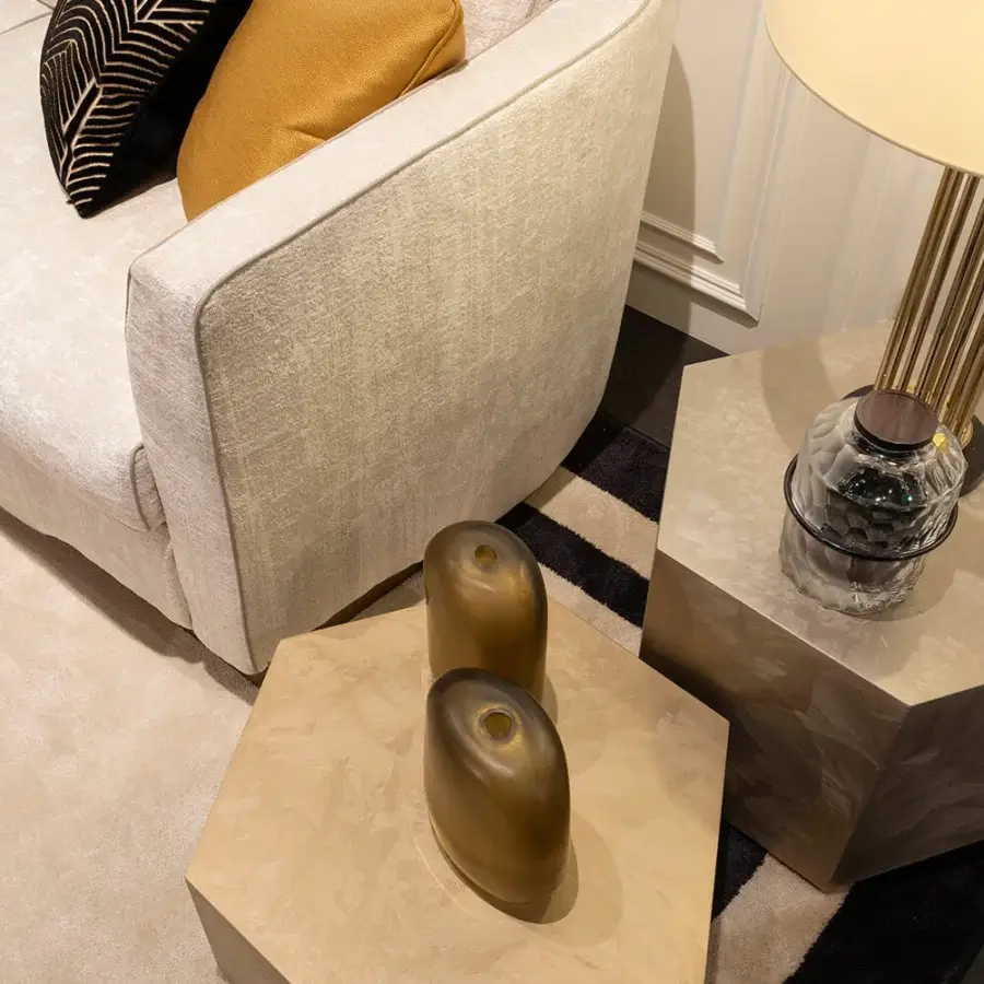 Exceptional Zanaboni Morgana sofa with light neutral tactile fabric and recessed satin brass base including mustard yellow cushions
