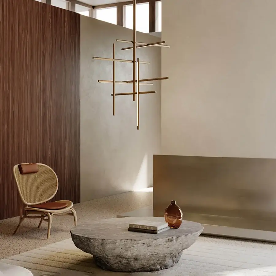 Elegant VENICEM Kitami LED suspension lamp built in metal with a warm gold finish and staggered geometric form
