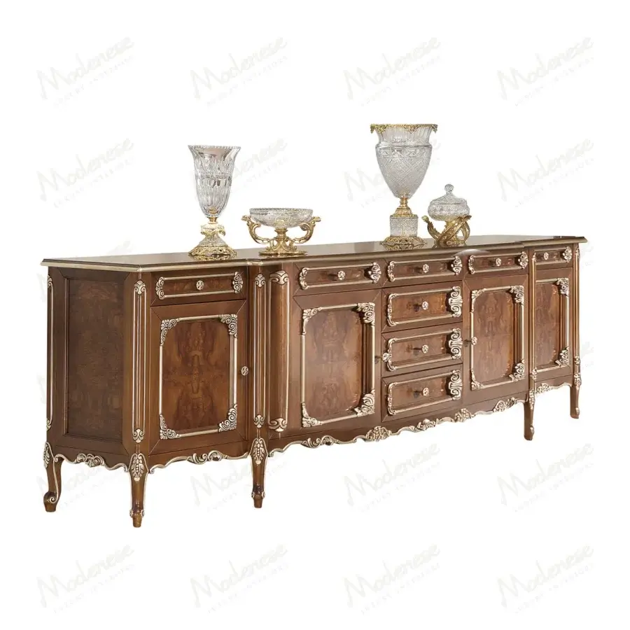 Distinguished Modenese Noble Etiquette sideboard crafted from fine wood with silver-gilded detailing and glossy reddish-brown finish