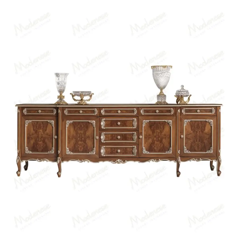 Exquisite Modenese Noble Etiquette sideboard crafted from fine wood with opulent silver-gilded details and warm brown finish