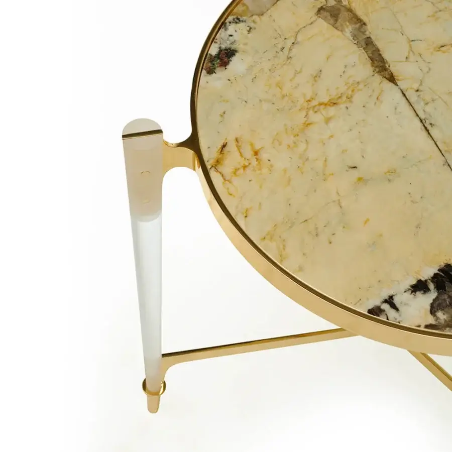 Lavish Zanaboni T223/S side table with Patagonia marble top and sleek brass structure in satin-finished transparent plexiglass legs