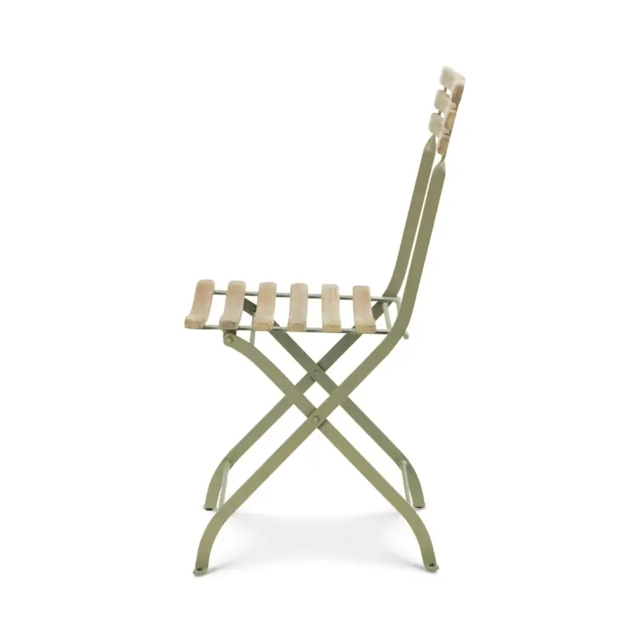 Elegant Ethimo Laren folding chair with matte olive green metal frame and natural wood slats crafted in Italy