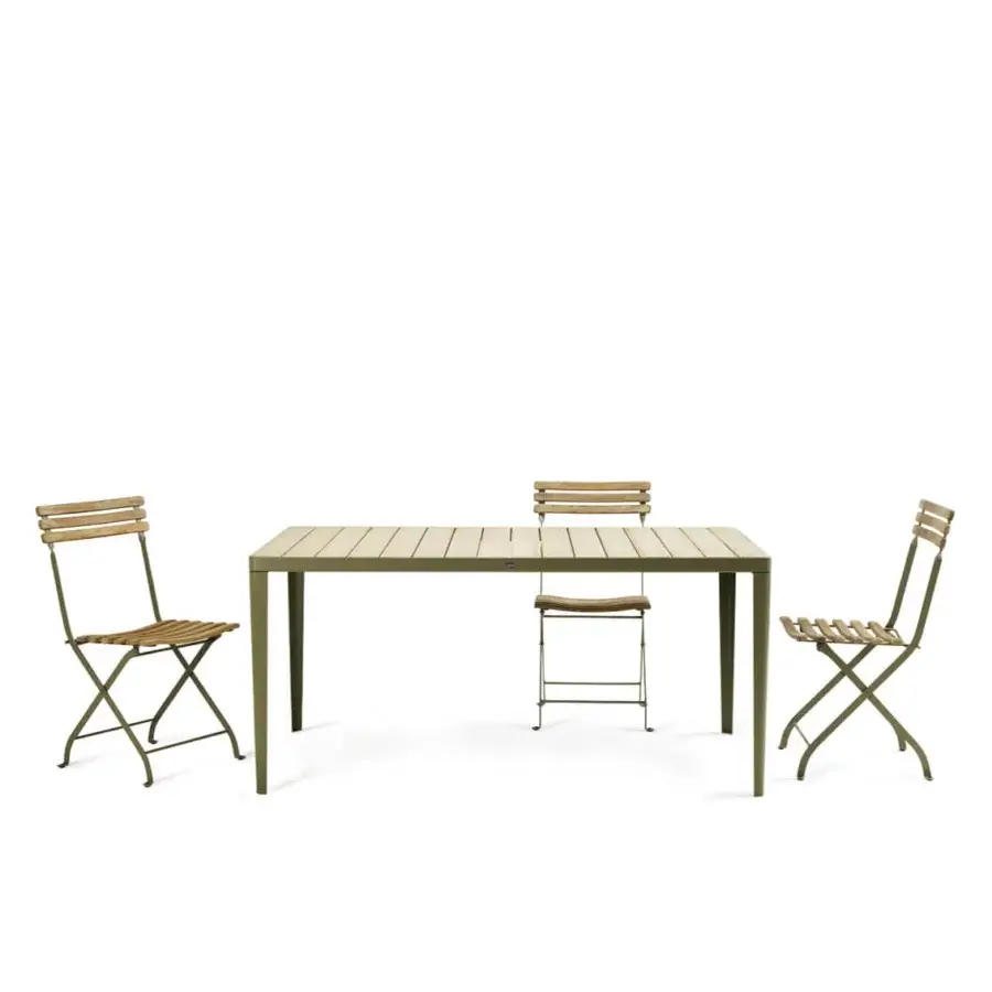 Refined Ethimo Laren folding chair with matte olive-green metal and light natural wood slats built for discreet elegance
