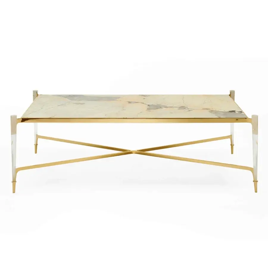 Superior Zanaboni T223/R coffee table with Patagonia marble top, transparent plexiglass base and satin brass frame