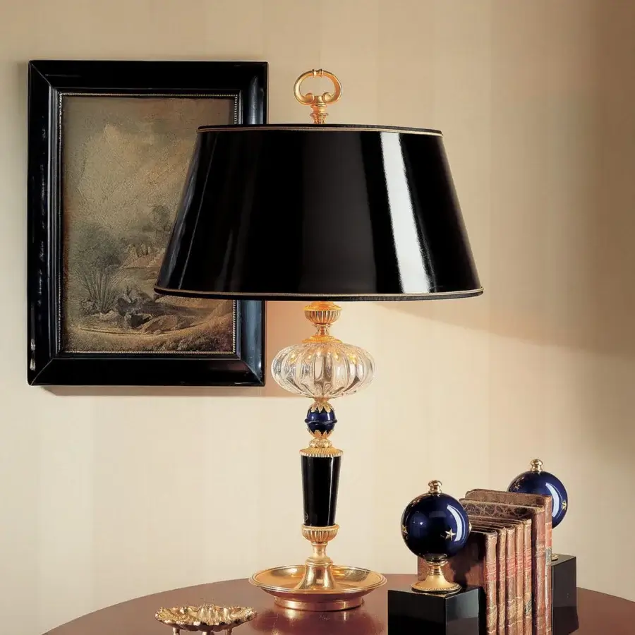 Exquisite Laudarte Temi table lamp crafted with bronze, 24K ancient gold plating and ribbed Murano glass with a marble column