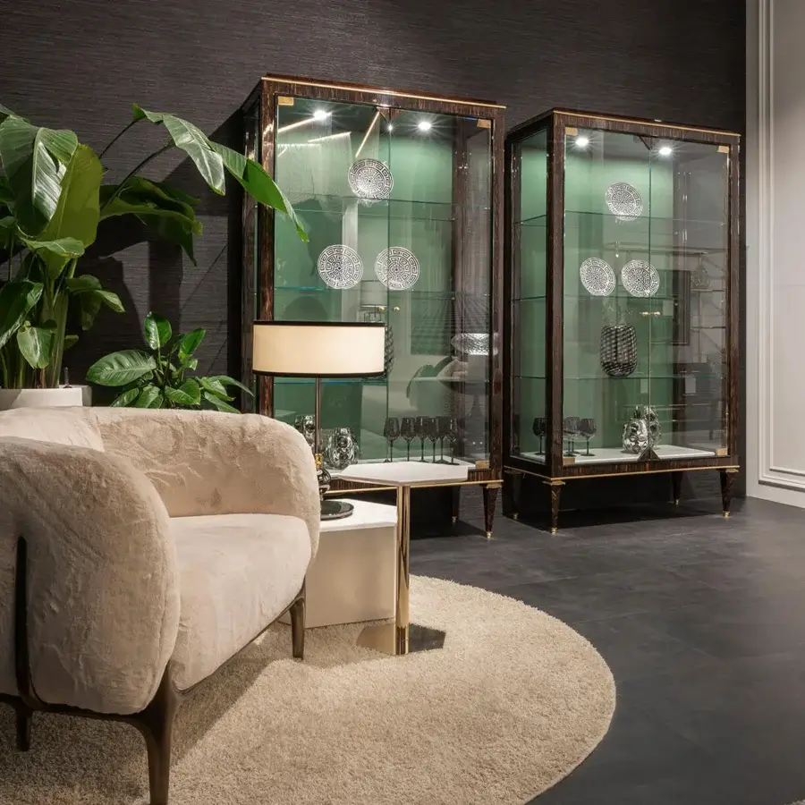 Captivating Zanaboni B/5410 showcase built in exotic palm wood with architectural brass and precious marble details, exhibiting a dark sheen