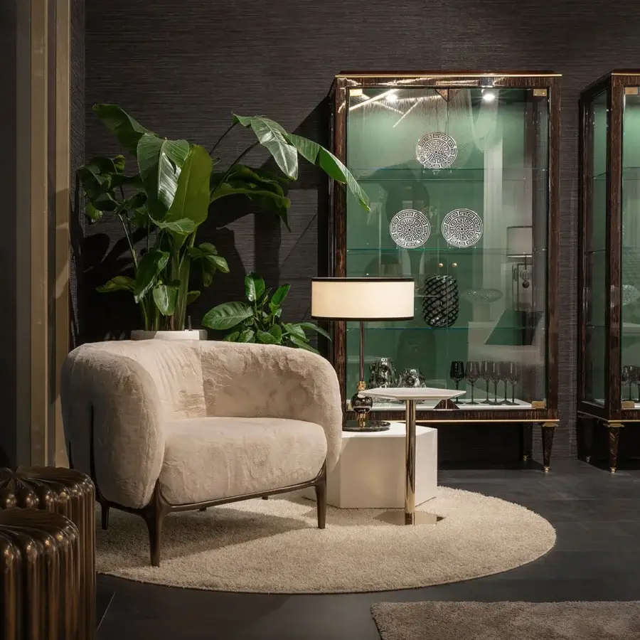 Distinguished Zanaboni B/5410 showcase crafted in exotic palm wood with architectural brass elements and a vibrant green interior finish