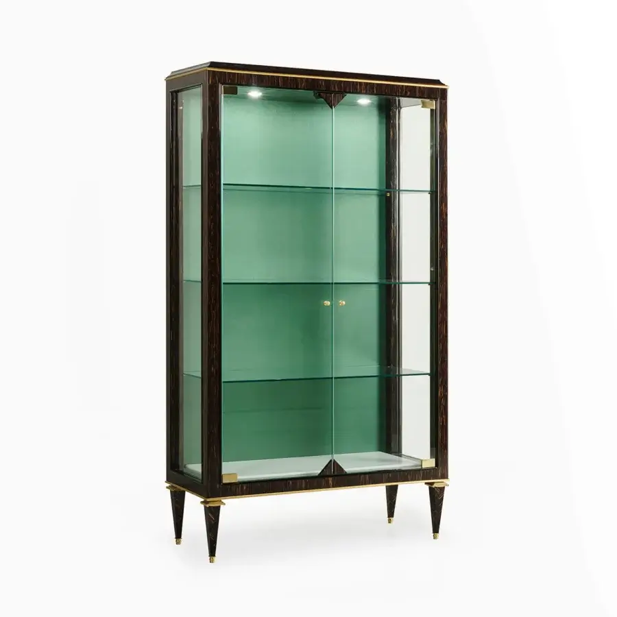 Exclusive Zanaboni B/5410 showcase crafted in exotic palm wood with luminous brass accents and marble base