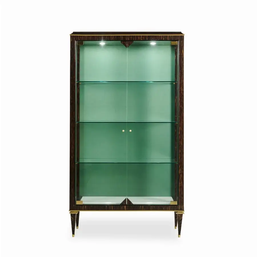 Distinguished Zanaboni B/5410 showcase crafted in Italy with exotic palm wood, luminous brass accents, a marble base and refined fabric back panel