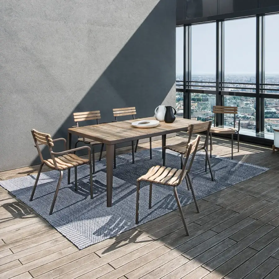 Harmonious Ethimo Laren chair with medium-brown hardwood and dark gray metal, crafted in Italy with a satin finish