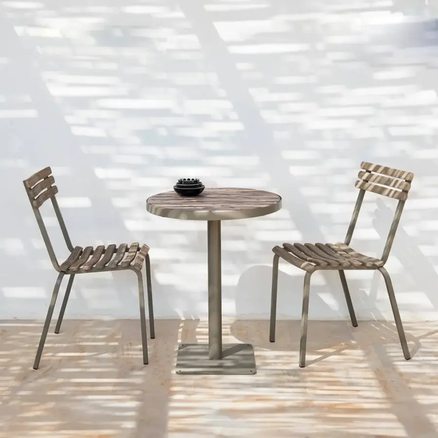 Distinguished Ethimo Laren chair with silvery gray metal and muted gray-brown wood slats, crafted in Italy for architectural appeal