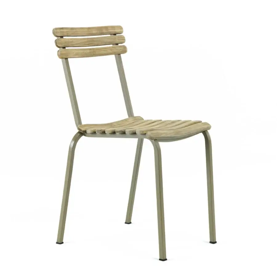 Elegant Ethimo Laren chair crafted with textured beige-gray wood and matte grayish-green metal creating a contemporary silhouette