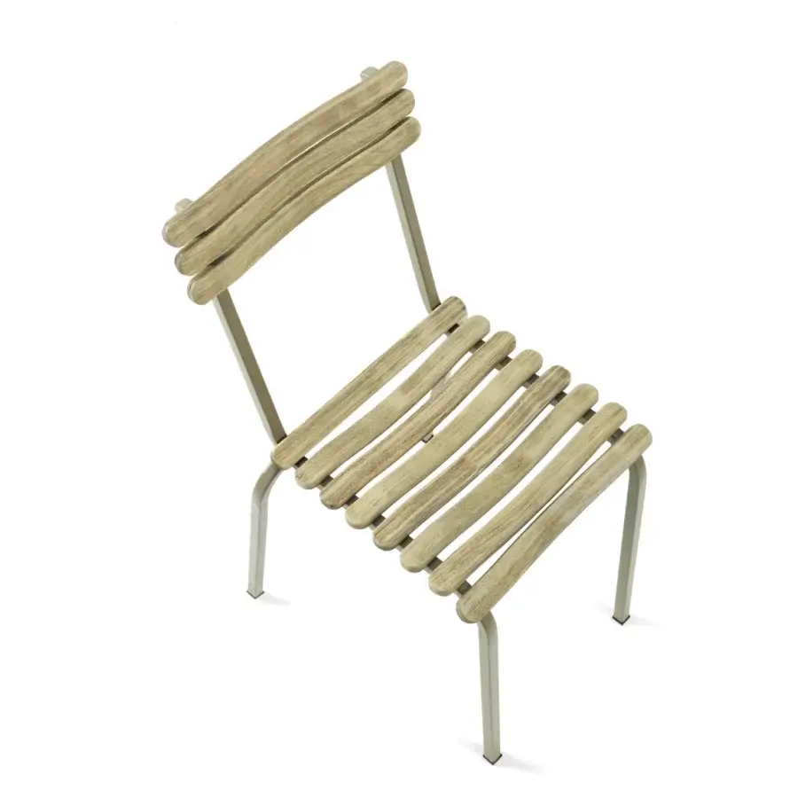 Distinguished Ethimo Laren chair with light natural wood slats and a sleek silver-grey metal frame in satin finish