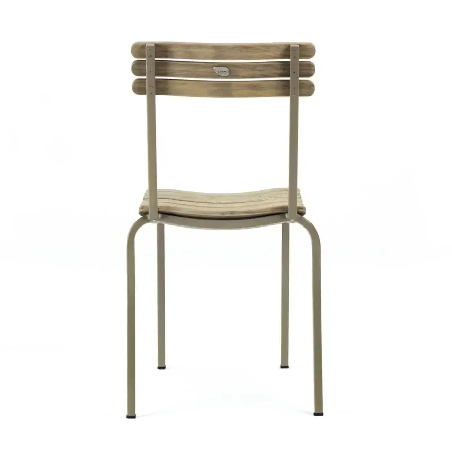 Refined Ethimo Laren chair with natural wood tone slats and a muted grayish-beige metal frame in matte finish
