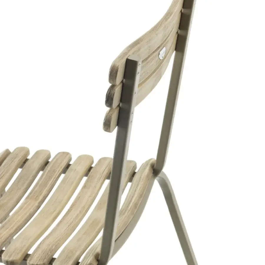 Superior Ethimo Laren chair with horizontal wood slats and a satin grayish-green metal frame crafted in Italy