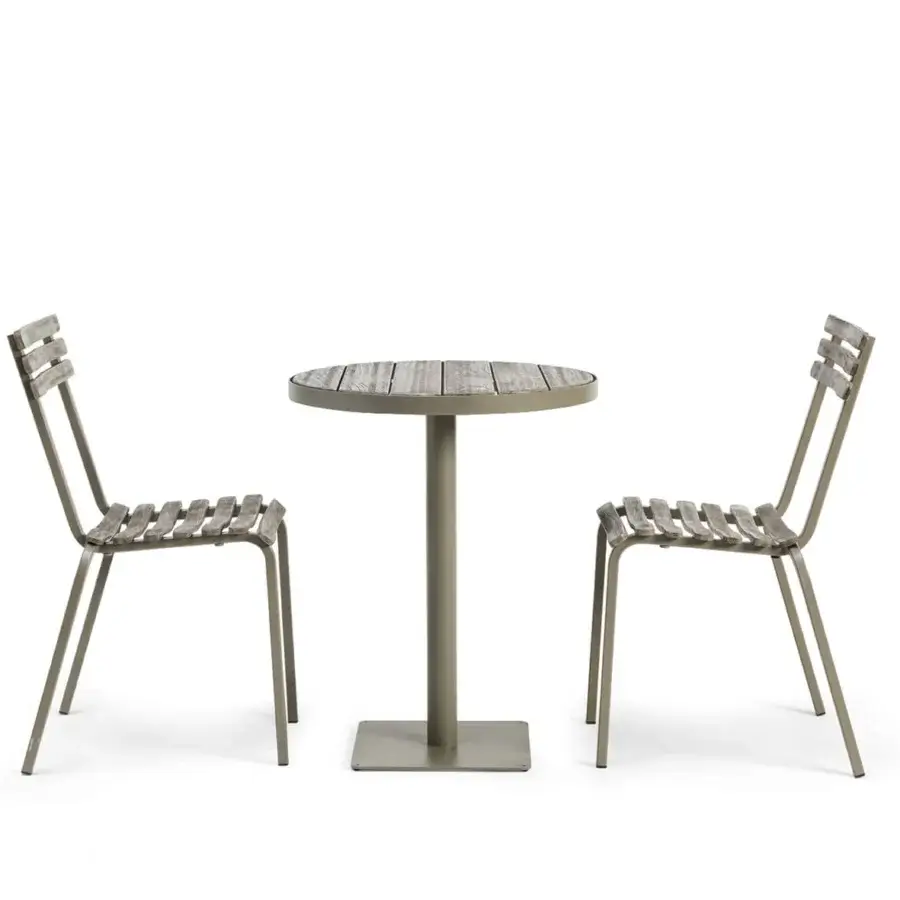 Superior Ethimo Laren chair with sleek metal frame and subtly grained composite wood evoking Mediterranean style in a matte neutral finish