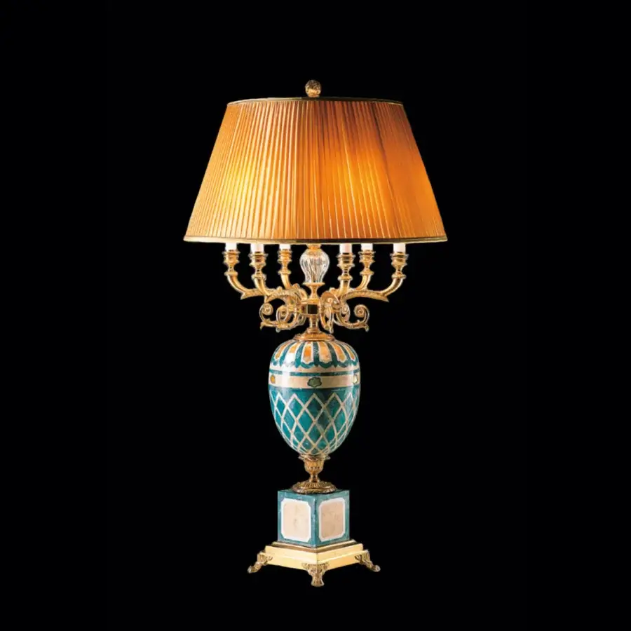 Distinguished Laudarte Ulmus table lamp with teal and gold mosaic ceramic body supported by gilded metal with crystal-like ornaments