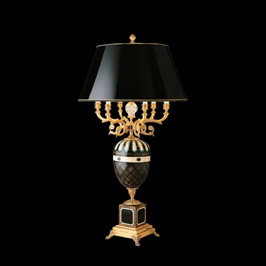 Exceptional Laudarte Ulmus table lamp with glossy golden metal and chromatic mosaic body crafted with a dark lampshade