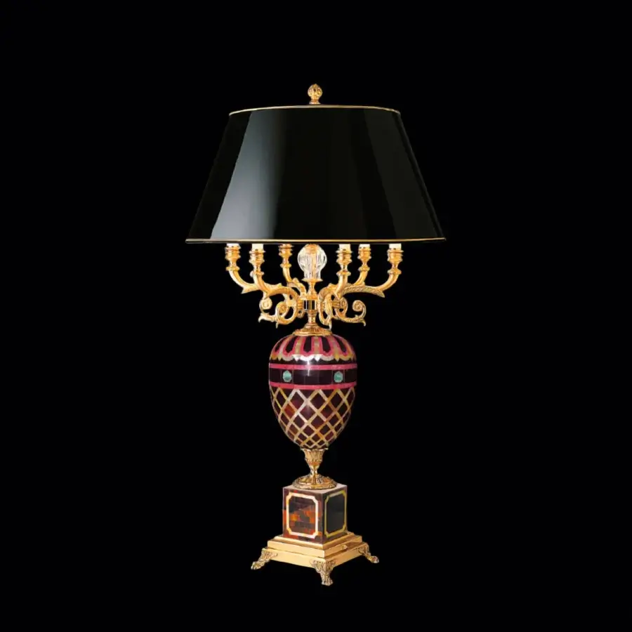 Luxury Laudarte Ulmus table lamp with reddish-brown patterned panels and radiant gilded metal structure, exhibiting a glossy finish