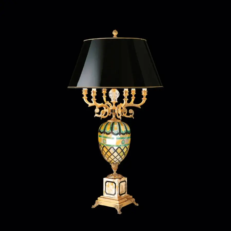 Distinguished Laudarte Ulmus table lamp crafted with mosaic body and glossy gilded metal base in gold, green, yellow, and beige tones