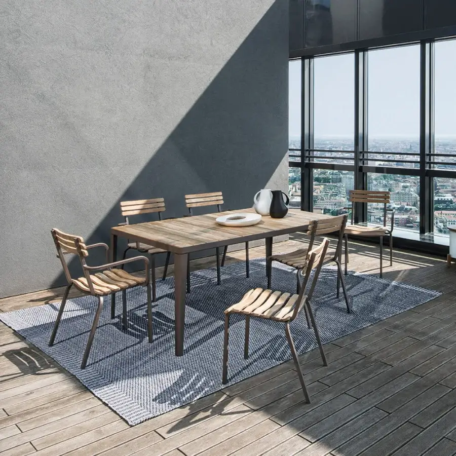Distinguished Ethimo Laren armchair with warm light brown wood and dark grey matte metal frame crafted in Italy