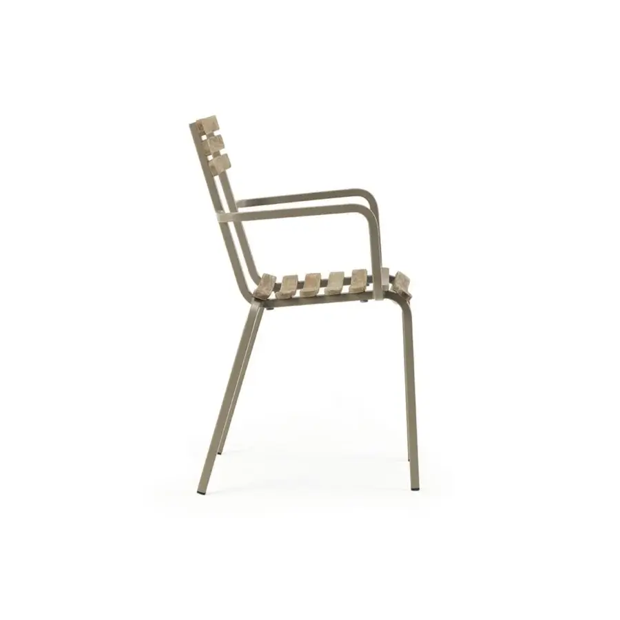 Superior Ethimo Laren armchair crafted in metal with a matte grayish-brown powder-coated finish celebrating Mediterranean style