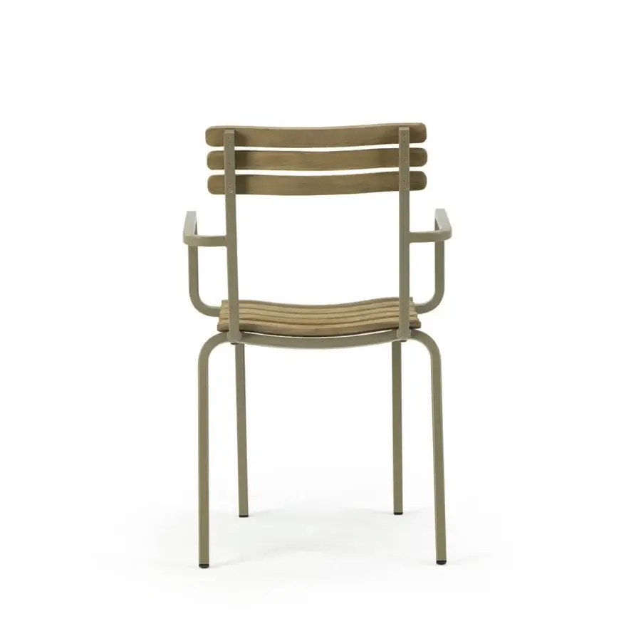 Distinguished Ethimo Laren armchair with horizontal wood slats and matte light grey metal frame crafted for indoor or outdoor use