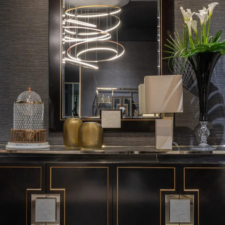Architectural Zanaboni SP/15 mirror with ebony wood frame and refined brass accents, incorporating engraved satin glass inserts