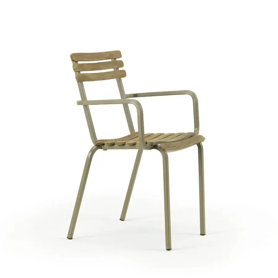 Distinguished Ethimo Laren armchair with matte metal and wood, showcasing earthy grey-beige tones and subtly curved armrests crafted in Italy