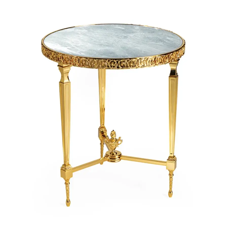 Exquisite Zanaboni T175/S side table with light grey marble and radiant gold bath brass structure