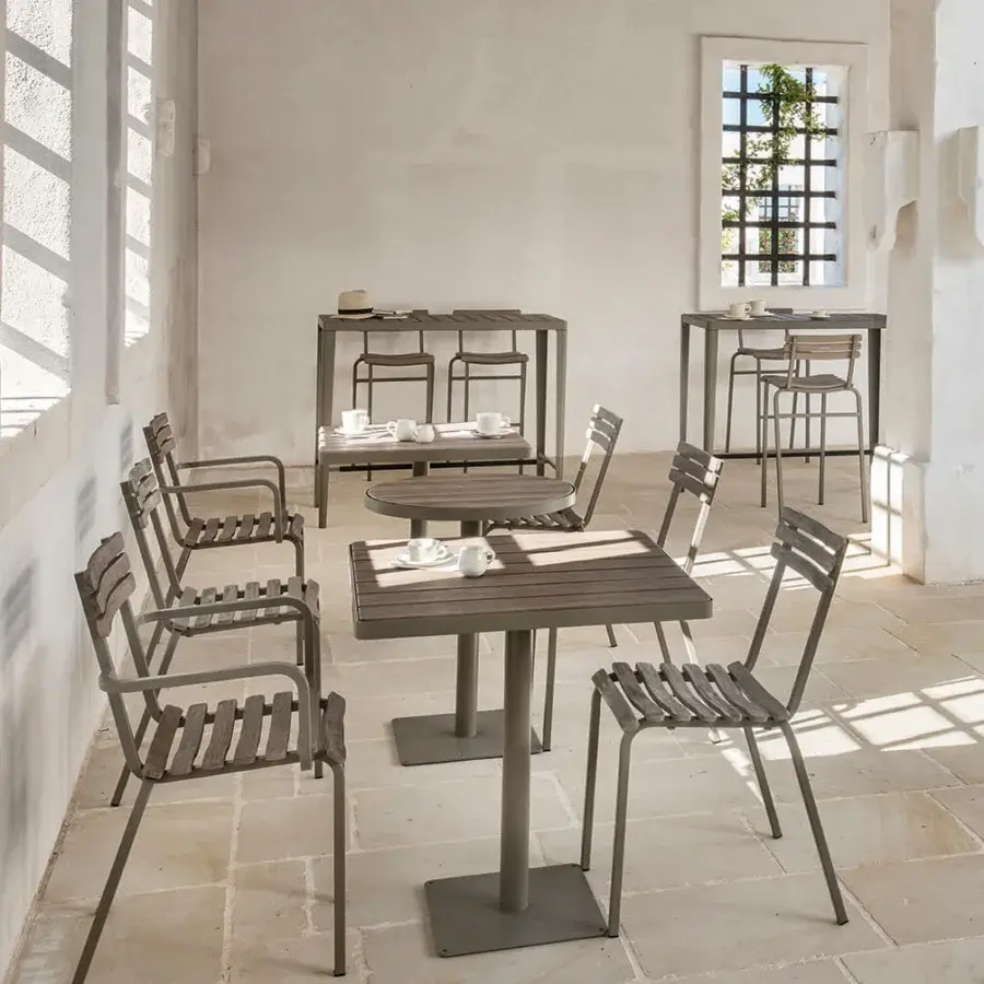 Elegant Ethimo Laren Bistrot table with matte gray metal tabletop and supporting structure offering a minimalist finish