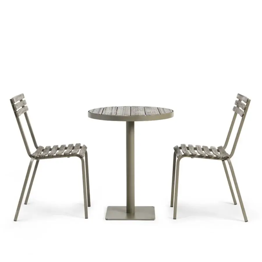 Elegant Ethimo Laren Bistrot table with grayish-brown wood-look surface and textured metal frame