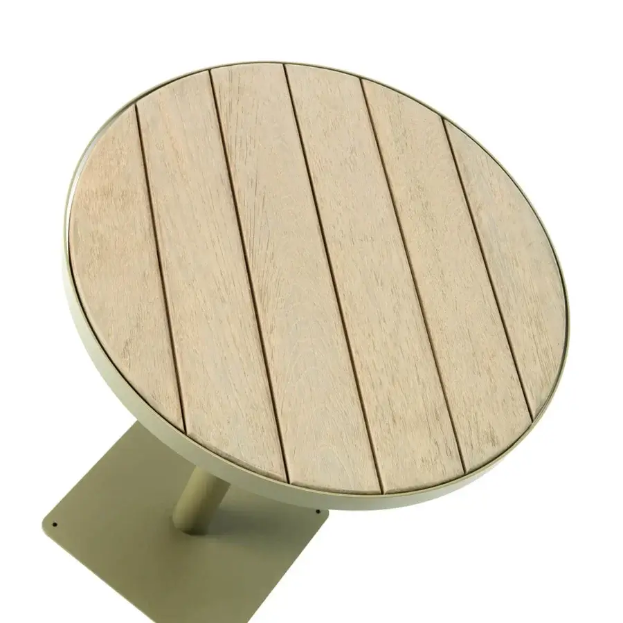 Harmonious Ethimo Laren Bistrot table crafted with light wood slats and a muted olive-green matte metal frame