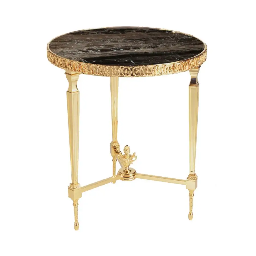 Exceptional Zanaboni T175/S side table with radiant gold bath brass structure and handcrafted dark marble tabletop