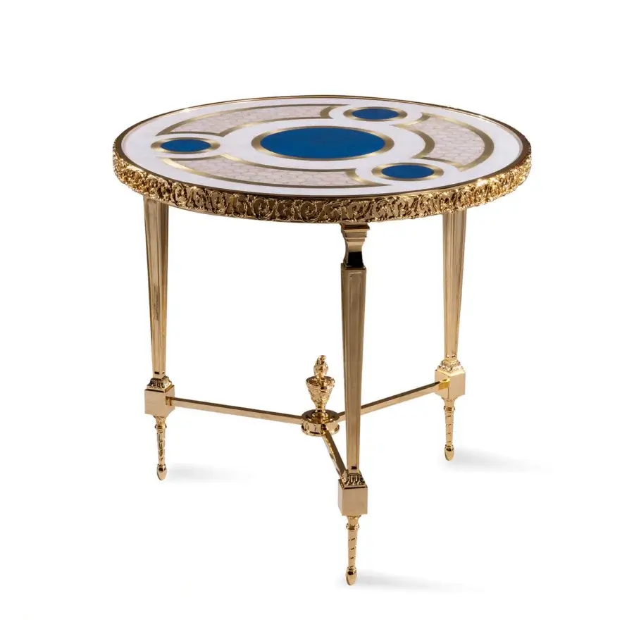 Distinguished Zanaboni T195/S side table with brass structure and luminous mother-of-pearl tabletop with intricate brass inlay and glossy gold finish