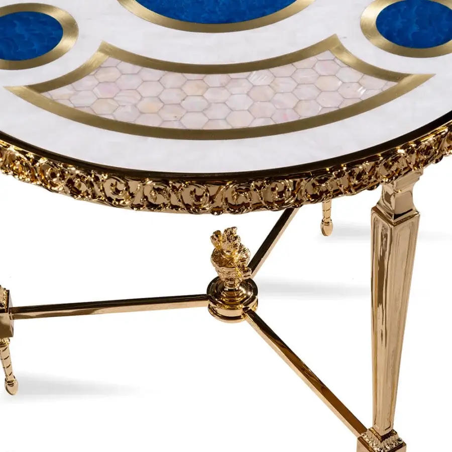 Superior Zanaboni T195/S side table crafted with brass structure and ornate mother-of-pearl top featuring hexagonal tile mosaic accents