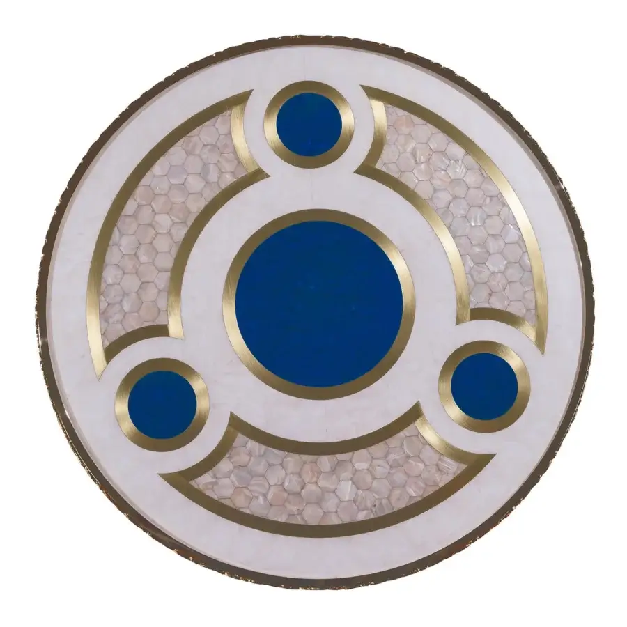 Distinguished Zanaboni T195/S side table with brass structure and mother-of-pearl top in dark blue and textured beige finish