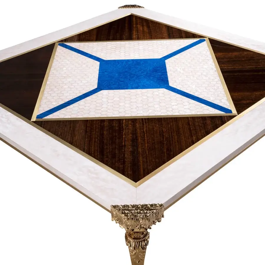 Distinguished Zanaboni T198/C coffee table with mother-of-pearl top, brass inlay, dark wood panels and royal blue cross detail