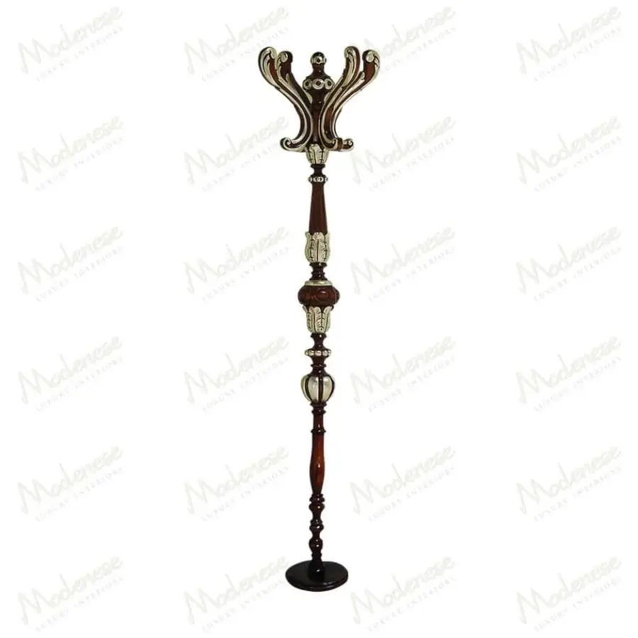 Distinguished Modenese Noble Etiquette coat stand crafted in polished wood with a glossy reddish-brown and creamy-beige finish and sculpted floral motifs